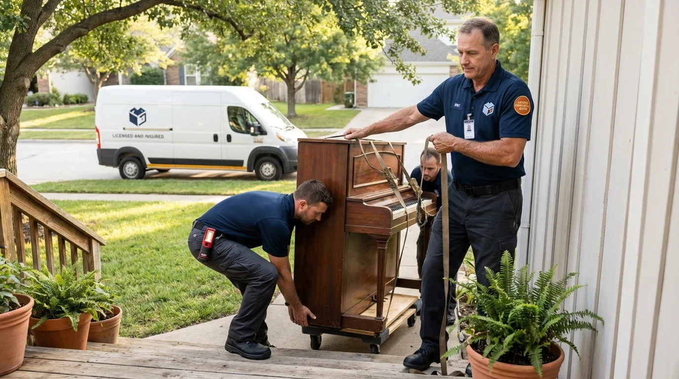 Licensed piano movers securing grand piano in Valdosta, GA