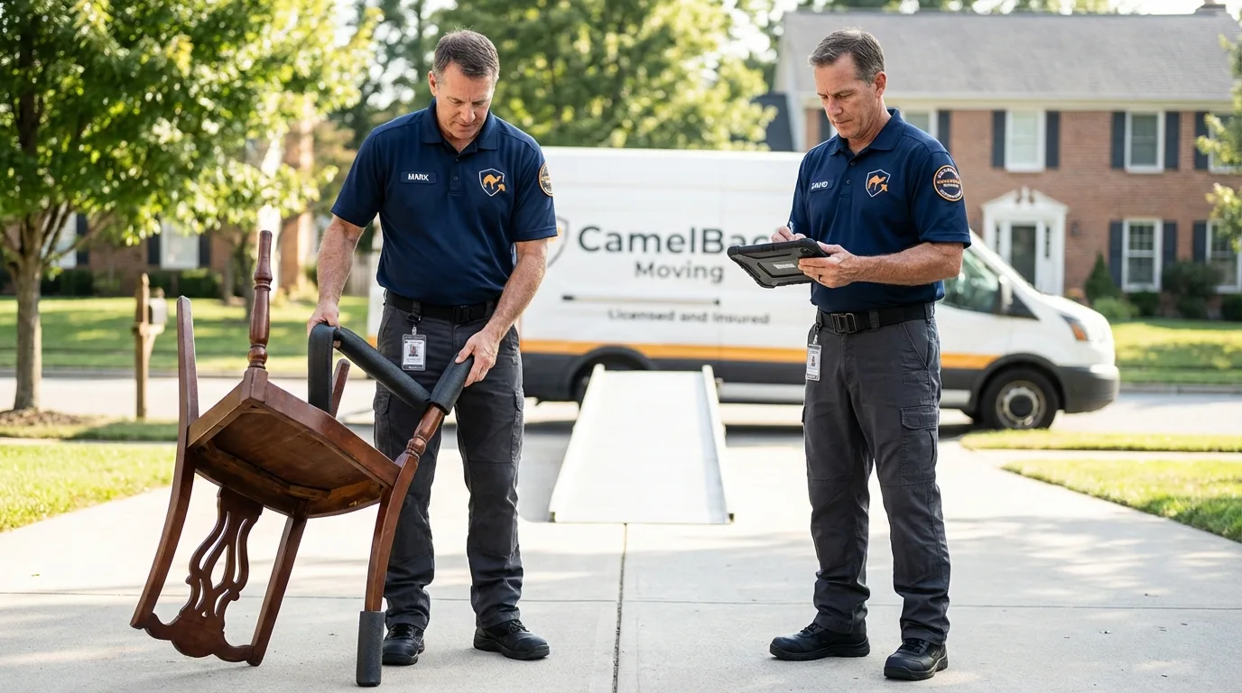 Movers inspecting furniture for damage prevention before loading in Valdosta, GA