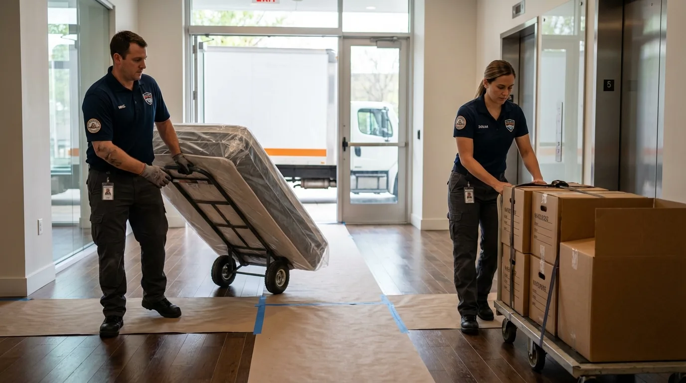 Professional apartment movers loading elevator in Valdosta, GA